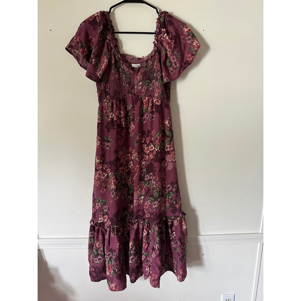 Maurices Plum Floral Smocked Midi Dress Womens XS Cottagecore Ruffle Tiered - Picture 1 of 4